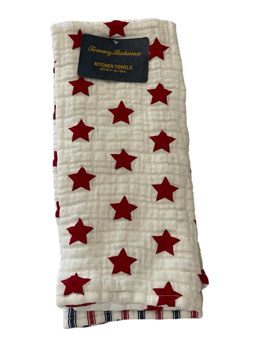 Tommy Bahama 3 Red Stars/Blue & Red Striped Gauze Kitchen Towels - NWT **